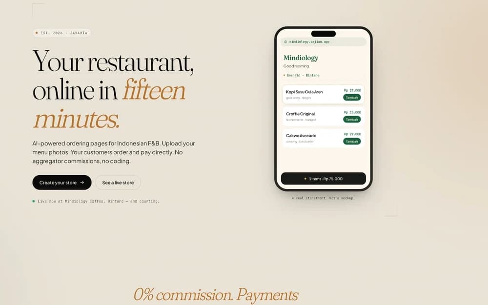 The Sajian home page with a live restaurant storefront on a phone